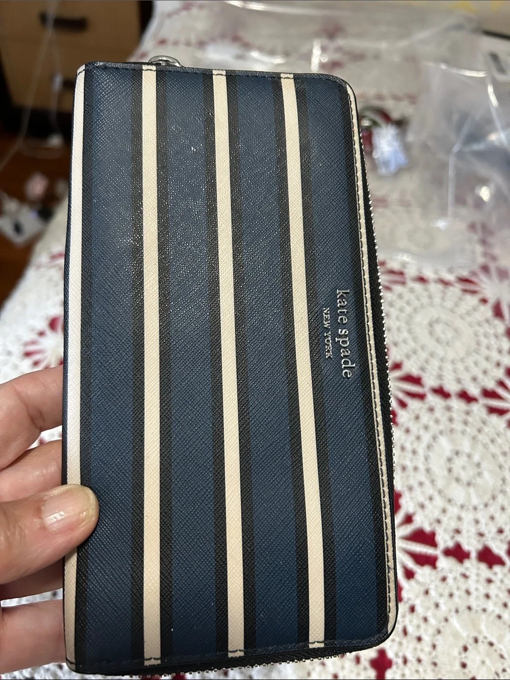 kate spade Navy and Cream Vertical Stripe Zip Wallet